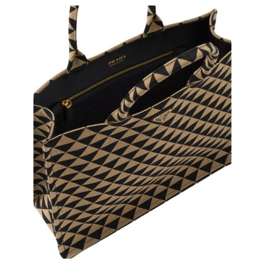 PRADA Enamel-coated metal triangle logo embroidery Jacquard fabric and leather Tote bag women's basic outfit (bag + dust bag)