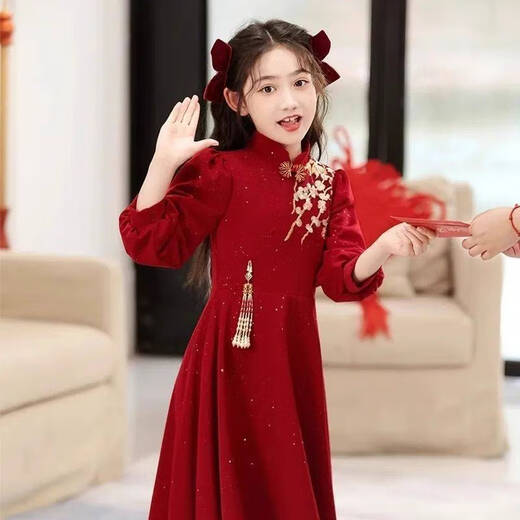 Disney (Disney) girls Chinese style velvet dress 2025 new style red girl princess skirt thickened New Year's greeting dress Chinese style dress without velvet 140
