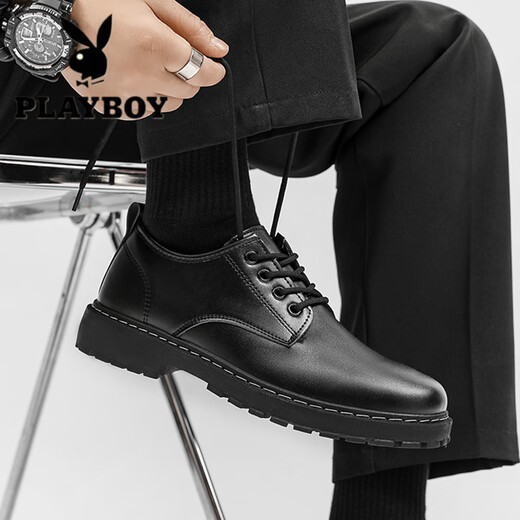 Playboy Autumn Business Leather Shoes Men's Formal Korean Style Trendy Breathable British Business Casual Shoes Thick Sole Round Toe Suit Trendy Shoes Black 1 41