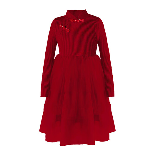 Little Naive children's long-sleeved knitted dress autumn and winter new Chinese style girls patchwork cake mesh skirt red 120