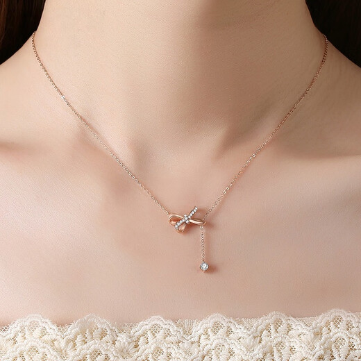 Yushengji 18K gold necklace for women with bow, light luxury color gold moissanite pendant, Chinese Valentine's Day, birthday gift for girlfriend, 18K gold inlaid with moissanite, comes with certificate, free engraving + greeting card + gift box packaging