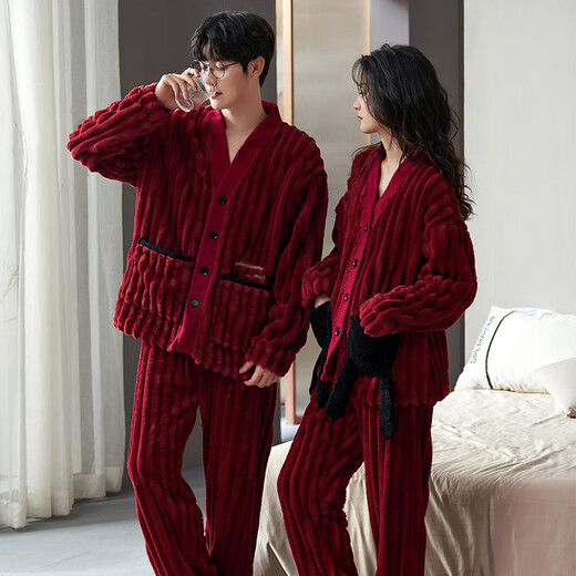 Yalu Couple Pajamas Women's Coral Velvet Autumn and Winter Plus Velvet Thickened Suit Wedding Newlywed Men's Winter Red Home Clothes TM52209 Female M Yes x
