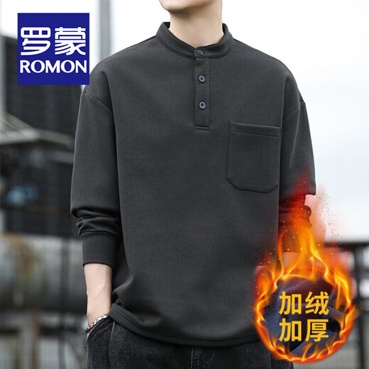 ROMON autumn and winter velvet thickened men's long-sleeved sweatshirt, fashionable, warm and versatile, casual T-shirt, Henry collar loose bottoming shirt, black, velvet XL