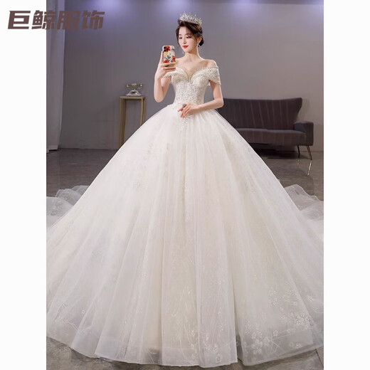 Tromlfz one-shoulder wedding dress new bridal main yarn palace style heavy industry trailing white going out yarn simple floor-length M
