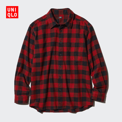 优衣库男女装法兰绒格子衬衫长袖衬衣薄外套470187 470187/15珊瑚红色 XL