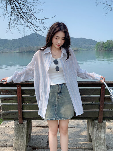 ONEDEW International Brand Summer 2025 New Sun Protection Clothes Women's Loose Tops Thin Design Long-Sleeved Striped Shirt Blue Blue Striped Original (Premium Edition) S Ready Stock One Size