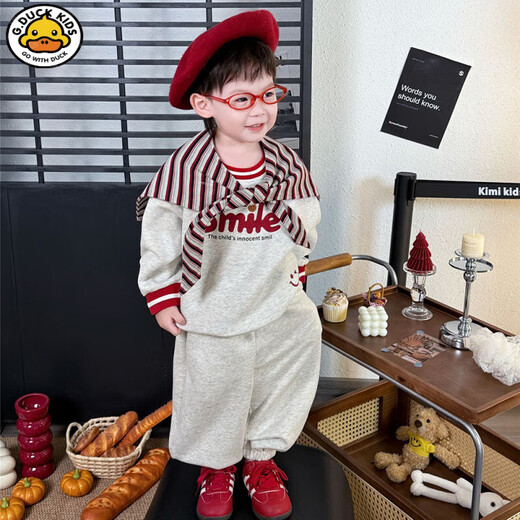 G.duck little yellow duck parent-child clothing autumn and winter velvet sweatshirt mother-daughter mother-child clothing set for a family of three or four, fashionable little one-month-old baby, light gray, spring and autumn (with detachable shawl) 80 rompers