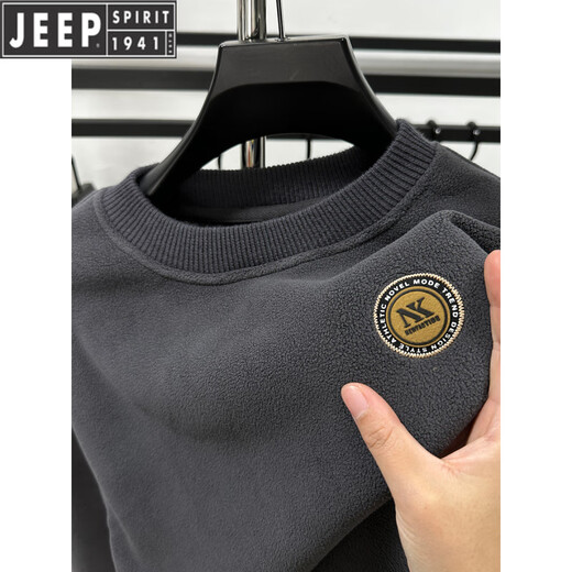 JEEP Heavy Thick Polar Fleece Sweater Men's Winter 2026 New Fleece Bottoming Shirt Men's Round Neck Warm Plus Velvet Inner Camel 2XL /180
