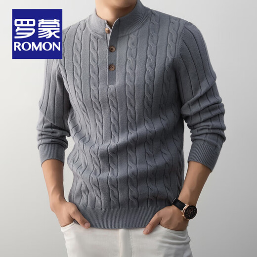 ROMON Heavyweight Sheep Wool Henley Collar Sweater Men's Spring and Autumn Thickened Warm Old Money Style Sweater Men's Bottoming Shirt Mocha Brown L 110