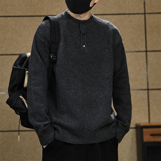 Fat Brother American high-end Henry collar sweater men's autumn and winter new trendy brand casual warm sweater top jacket for men black M weight 100-130Jin Jin is equal to 0.5 kg