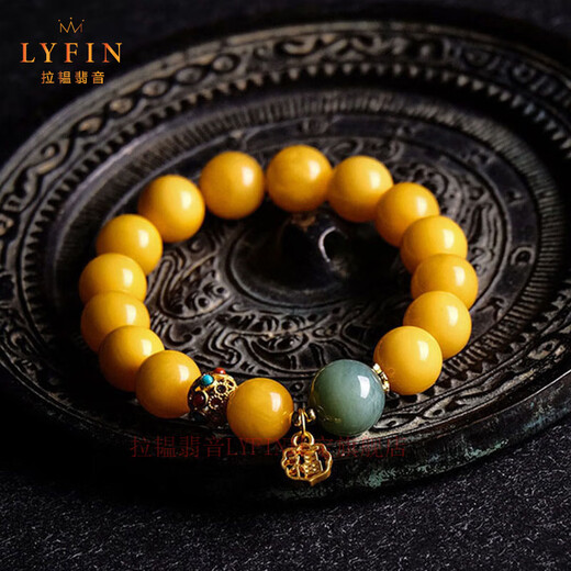 Layun Feiyin collectible Russian chicken fat yellow old beeswax Buddha beads bracelet for women 14k gold-wrapped jasper bracelet with the word 