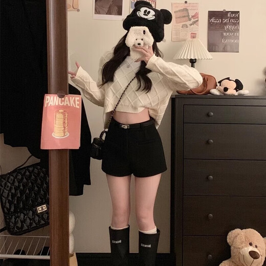 FOX.G Black Woolen Shorts Women's Autumn and Winter Outer Wear Women's 2025 New High Waisted A-Line Casual Leggings Hot Pants Double Pocket Woolen Shorts Black No Belt M Recommended 105 Jin Jin equals within 0.5 kg