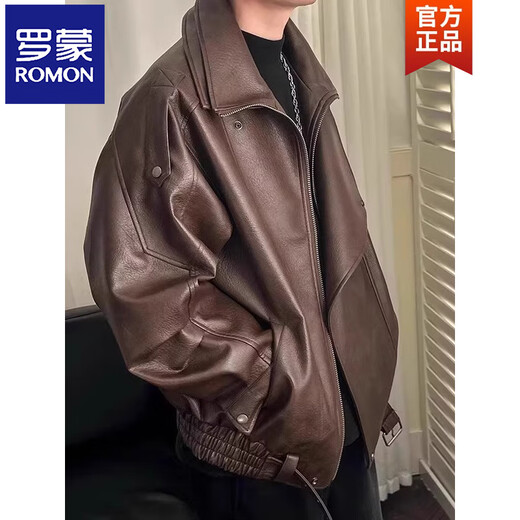 ROMON velvet thickened PU leather jacket men's autumn and winter plush jacket Korean style light mature style loose cotton jacket W88 black velvet M