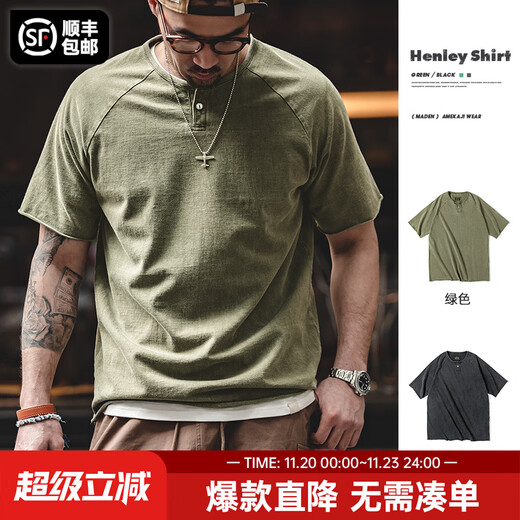 Madden Workwear American Distressed Henley Shirt Pure Cotton Breathable Casual Short Sleeve Ami Khaki Tough Guy T-shirt Men's Trendy Summer Green XL