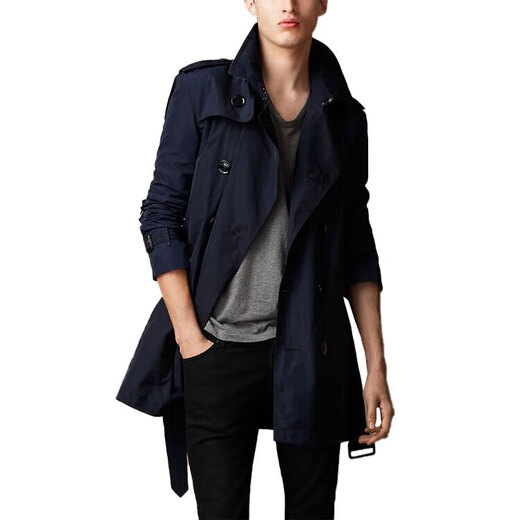 博柏利（BURBERRY）新年礼物纯色系带双排扣长袖风衣男款深蓝色 S