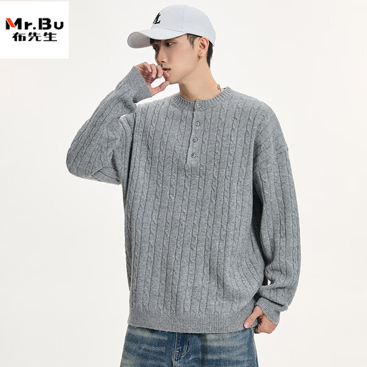 Mr. Bu knitted sweater men's knitted sweater men's autumn and winter new fashion brand American twist feel warm henley collar sweater black M