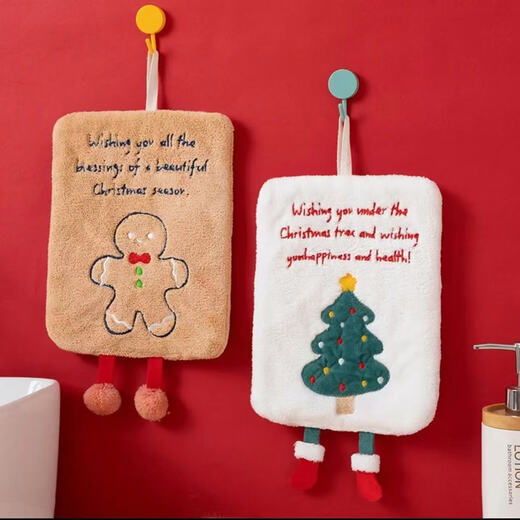 Coral velvet Christmas handkerchief, absorbent and quick-drying, kitchen and bathroom hand towel, hanging Christmas gift, square red Christmas stocking 1 pack