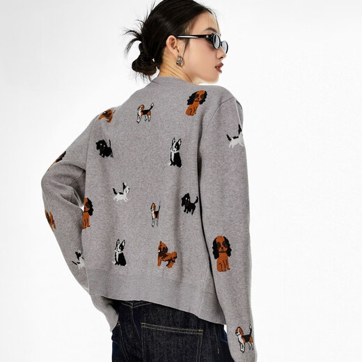 ICH MODE American knitted sweater cardigan women's autumn and winter sweater light luxury jacket top base layer short lazy style gray L