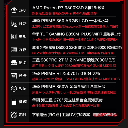 ASUS family bucket RTX5080/5070ti/5070 graphics card AMD thousand frame e-sports R7 9800X3D assembled computer host game DIY desktop complete machine RO Ji mod sea view room R7 9800X3D + ASUS RTX5070Ti with six