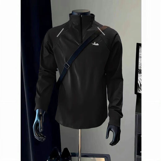 Fitness long-sleeved men's and women's loose half-zip sports T-shirt American running autumn and winter basketball training plus fleece cycling jersey V07 black reflective strips +276 M M