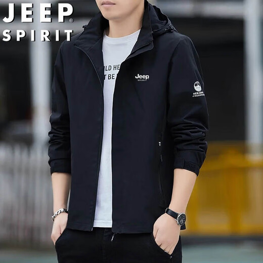 JEEP SPIRIT Jeep Jacket Men's Spring and Autumn Jacket Casual Hooded Mountaineering Windproof Couple Style Dark Gray 2XL
