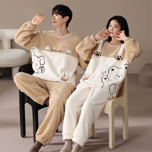 Victoria's style couple's pajamas winter coral velvet thickened and warm one man and one woman cartoon cute home wear outer suit LN9018 M women's + men's L