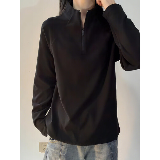 Qumile American half-zip German velvet bottoming sweatshirt for men in autumn and winter plus velvet to keep warm with heavy slim fit trendy top, black L