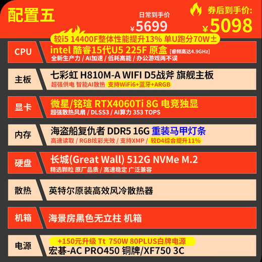 Gigabyte Core i5 13400F desktop assembly computer host RTX4060Ti/5060Ti game high-end e-sports independent display live broadcast design rendering complete machine configuration five U5 225F丨RTX4060Ti