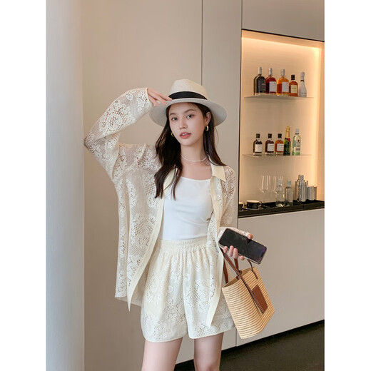 KSOEURK sister’s homemade hollow lace suit, hollow lace Polo collar single-breasted shirt + elastic waist shorts top S