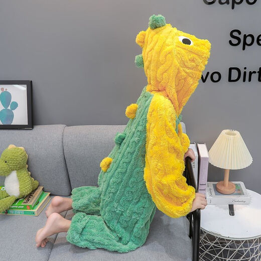 Children's flannel one-piece pajamas autumn and winter thickened boy's dinosaur romper baby coral velvet anti-kick sleeping bag to keep warm Green Dinosaur 80