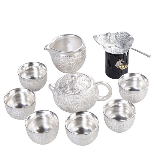 Jiaomingtang 999 sterling silver Kung Fu tea set gift set for leaders and elders to retire, housewarming and retirement practical festival Baifu silver set 10 pieces