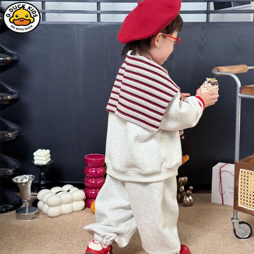 G.duck little yellow duck parent-child clothing autumn and winter velvet sweatshirt mother-daughter mother-child clothing set for a family of three or four, fashionable little one-month-old baby, light gray, spring and autumn (with detachable shawl) 80 rompers