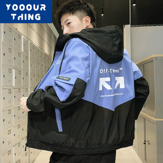 YOOOURTHING jacket men's spring, autumn and winter velvet thickened hooded Korean style trendy youth color matching casual tops light blue regular XL (recommended 110-135 Jin Jin equals 0.5 kg)