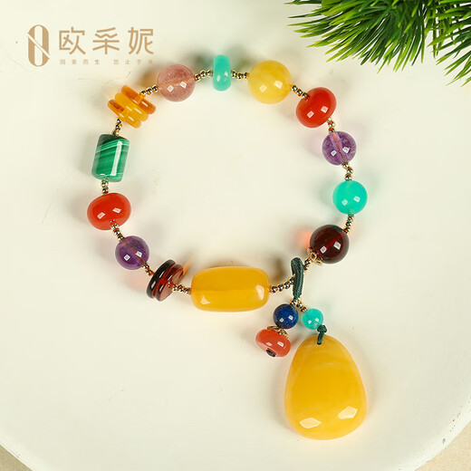Ouchini Natural Beeswax Bracelet Duobao Bracelet Bracelet Blood Amber and Amber with Amber Water Drop Pendant for Birthday Gift Colorful Water Drop Bracelet