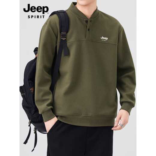 JEEP SPIRIT Men's Sweatshirt 2025 Autumn New Retro Henley Collar Heavy Bottoming Casual Large Size Pullover Top Green M Recommended weight 100-120Jin Jin equals 0.5 kg