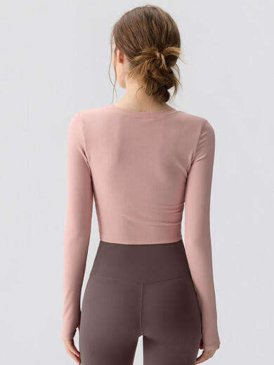 Yoga wear for women 2025 autumn and winter new round neck sports top running Pilates training fitness set rose pink top + khaki yoga pants + coffee socks XL recommended weight 115-130Jin Jin equals 0.5 kg One size fits all