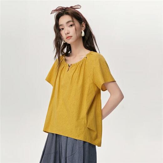 Giordano designer loose shirt women's summer pure cotton hollow beaded round neck short-sleeved shirt 18345817