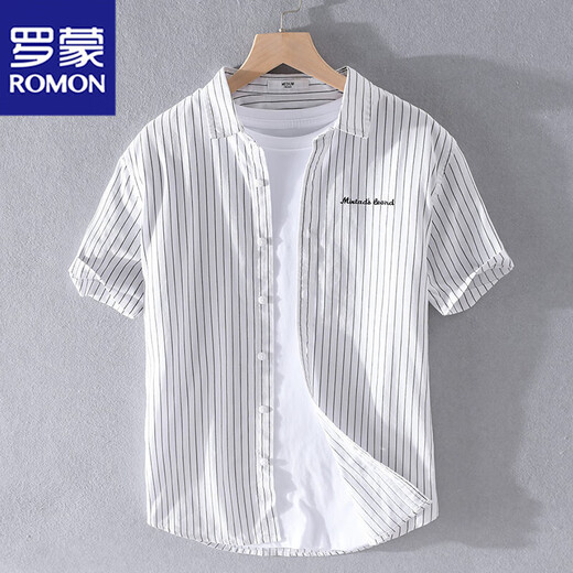 Romon men's striped shirt short-sleeved loose summer thin Japanese casual all-match shirt summer clothes 9740 blue XL