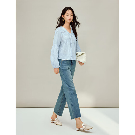 INMAN Lace V-neck Shirt 2026 Spring Women's New Lantern Sleeve Loose Shirt Top Light Blue XL