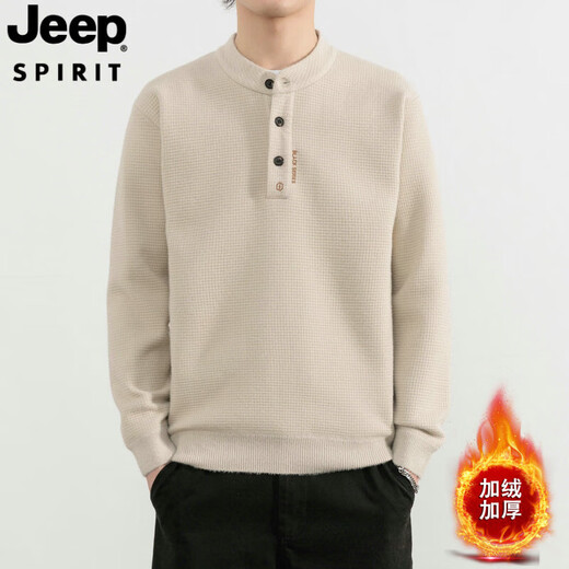 JEEP SPIRIT men's one-piece velvet Henry collar sweater 2025 autumn and winter thickened warm sweater Korean style slim bottoming shirt off-white M