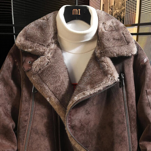 Light luxury retro leather jacket Angora red winter velvet thickened jacket large size motorcycle jacket fur one-piece jacket for men Agra red S