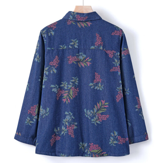 Middle-aged mother's spring and autumn clothing shirt jacket middle-aged and elderly women's printed denim top grandma's summer large size denim blue L (recommended 100Jin Jin equals within 0.5 kg)