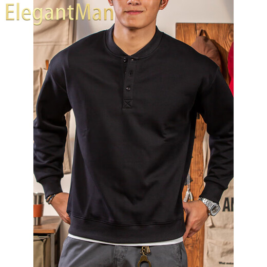 ElegantMan Winter and Autumn Henley Collar Sweatshirt Men's Pullover 320g Heavy New Henley Shirt Jacket Top Long Sleeve Casual Men Black M