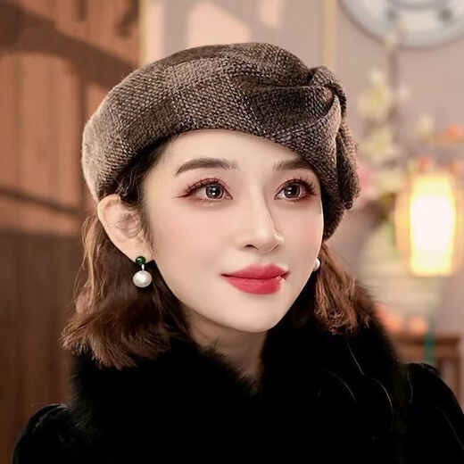 2025 new European and American style versatile fashionable high-end autumn and winter warm and thickened fashionable casual retro beret for women, gold sand color, high-end design, one size fits all