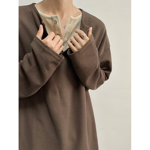 Funny Henry shirt fake two-piece fake two-piece v-neck long-sleeved T-shirt men's summer thin lazy Korean handsome sweatshirt niche light gray M