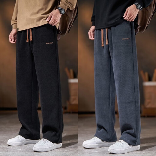 Trendy Denchen Chenille Casual Pants Men's Autumn and Winter Straight Leg Loose Sports Pants Plus Velvet Thickened Corduroy Work Pants Long Pants Dark Gray__(Single Piece) Regular L_Recommended 90-110Jin Jin equals 0.5 kg