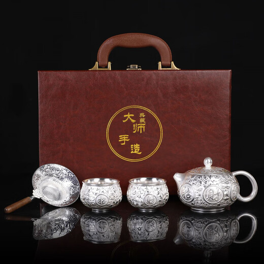 Jiaomingtang 999 sterling silver Kung Fu tea set gift set for leaders and elders to retire, housewarming and retirement practical festival Baifu silver set 10 pieces