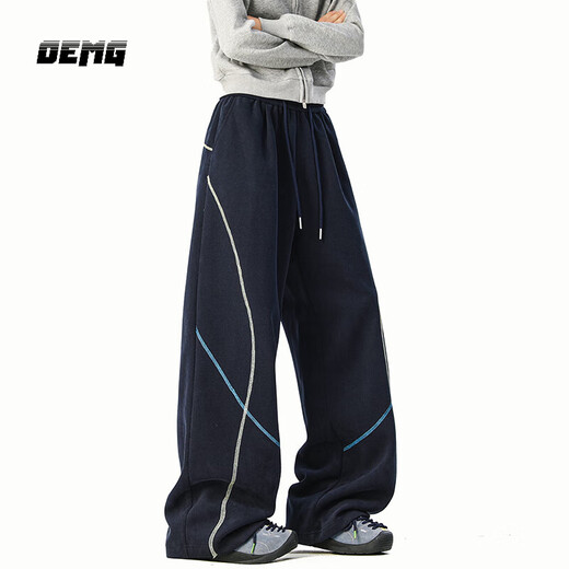 OEMG American Contrast Color Scimitar Casual Pants Men's Autumn New Trendy Straight Loose Wide Leg Versatile Long Sweatpants Navy Blue XL Recommended 110-130Jin Jin equals 0.5kg