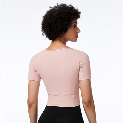 V-neck slim slimming yoga wear top for women professional Pilates short-sleeved T-shirt high elastic breathable sports fitness wear pink (YJY21-10-4) M