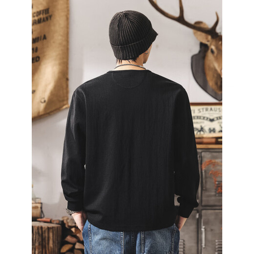 Maorong Warm Autumn American retro Henry collar Polo shirt men's long-sleeved autumn new tough guy T-shirt men's loose black hit black M _Suitable for 100-125Jin Jin equals 0.5 kg